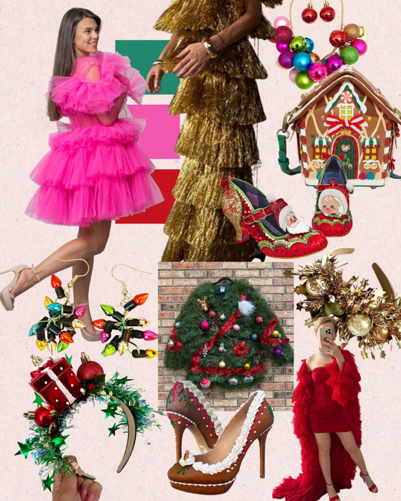 Cozy christmas outfit mood board with playful festive pieces including a pink layered tulle mini dress, gold tinsel fringe gown, gingerbread house handbag, novelty Santa sleigh heels, Christmas tree ugly sweater covered in ornaments, bauble statement necklace, Christmas light earrings, and festive headbands
