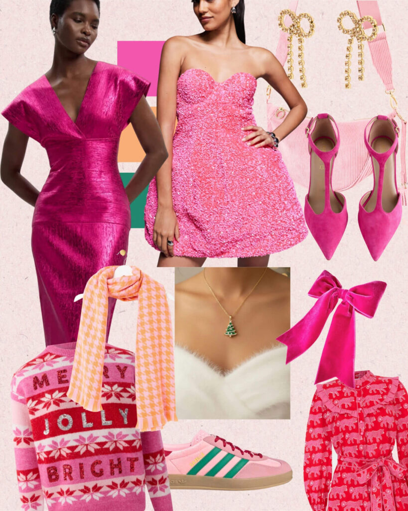 December outfits mood board in shades of pink featuring a hot pink metallic midi dress, candy cane print sweater vest, pink sequin strapless dress, fuchsia suede heels, pink Adidas Gazelle trainers, satin bow hair clip, Christmas tree pendant necklace, and a festive Merry Jolly Bright knit jumper