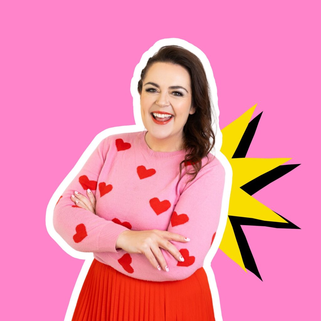 Rosie Parsons smiling in pink heart sweater with arms crossed and a pink background and yellow star behind her showcasing her personal branding tips for female entrepreneurs category