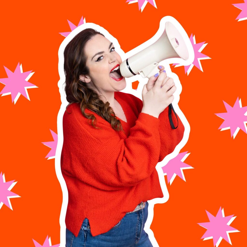 Rosie Parsons in a red jumper with megaphone and stars in the background showcasing her self care and confidence tips for women category