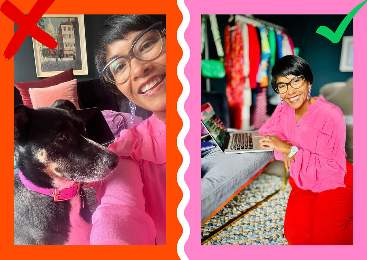Side-by-side comparison showing wrong vs right selfie technique: left image marked with red X shows casual phone selfie with dog, right image marked with green tick shows professional self portrait pose with laptop in stylish workspace