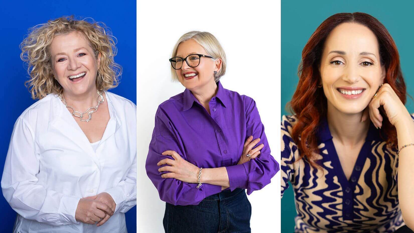 Three women wearing different colour palettes in headshots: the first in a crisp white shirt with a bold silver necklace, the second in a vibrant purple blouse with dark jeans, and the third in a patterned top with deep blue and beige tones. Their varied jewel tones, light neutrals, and earth-inspired hues show how different colour families photograph beautifully depending on personal colouring.