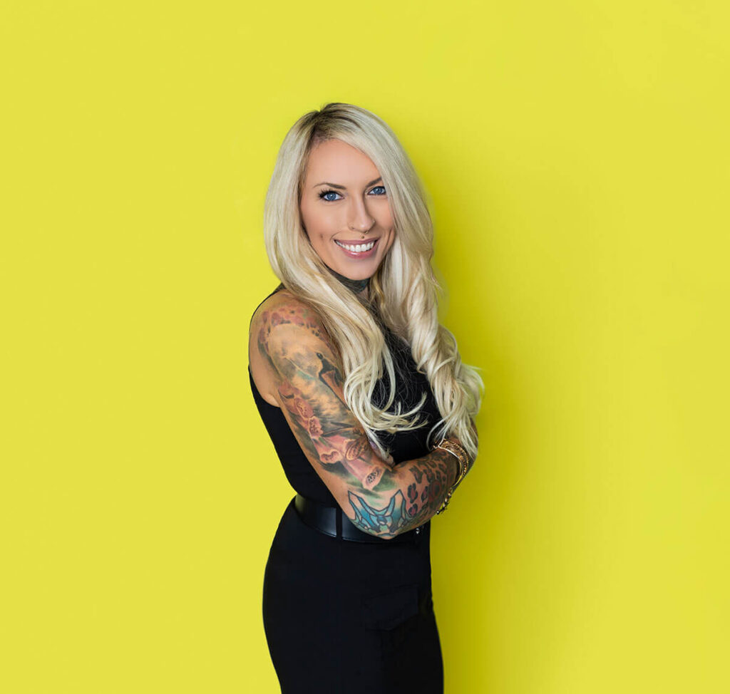 Studio branding photoshoot example showing professional headshots women on colourful background by UK personal brand photographer Rosie Parsons