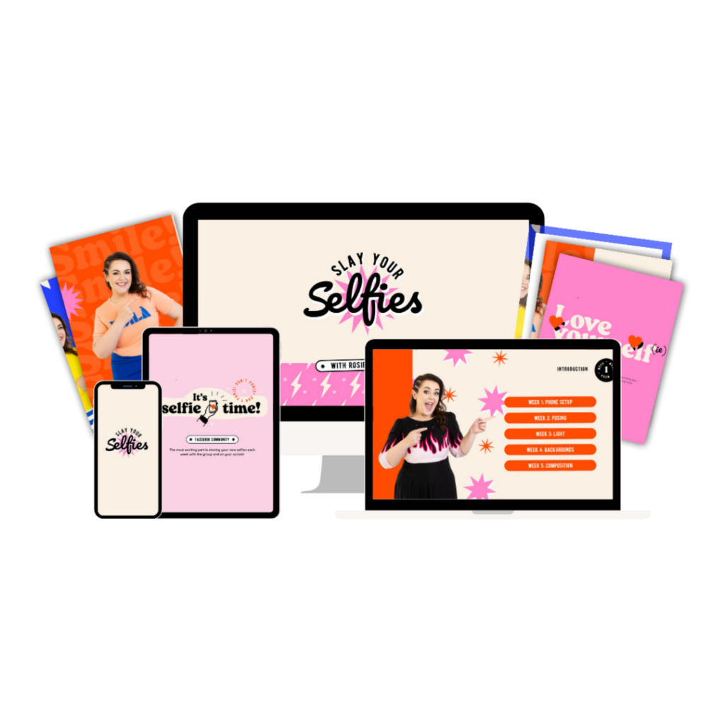 mockup of Slay Your Selfies DIY brand photography online course by personal brand photographer Rosie Parsons for female entrepreneurs
