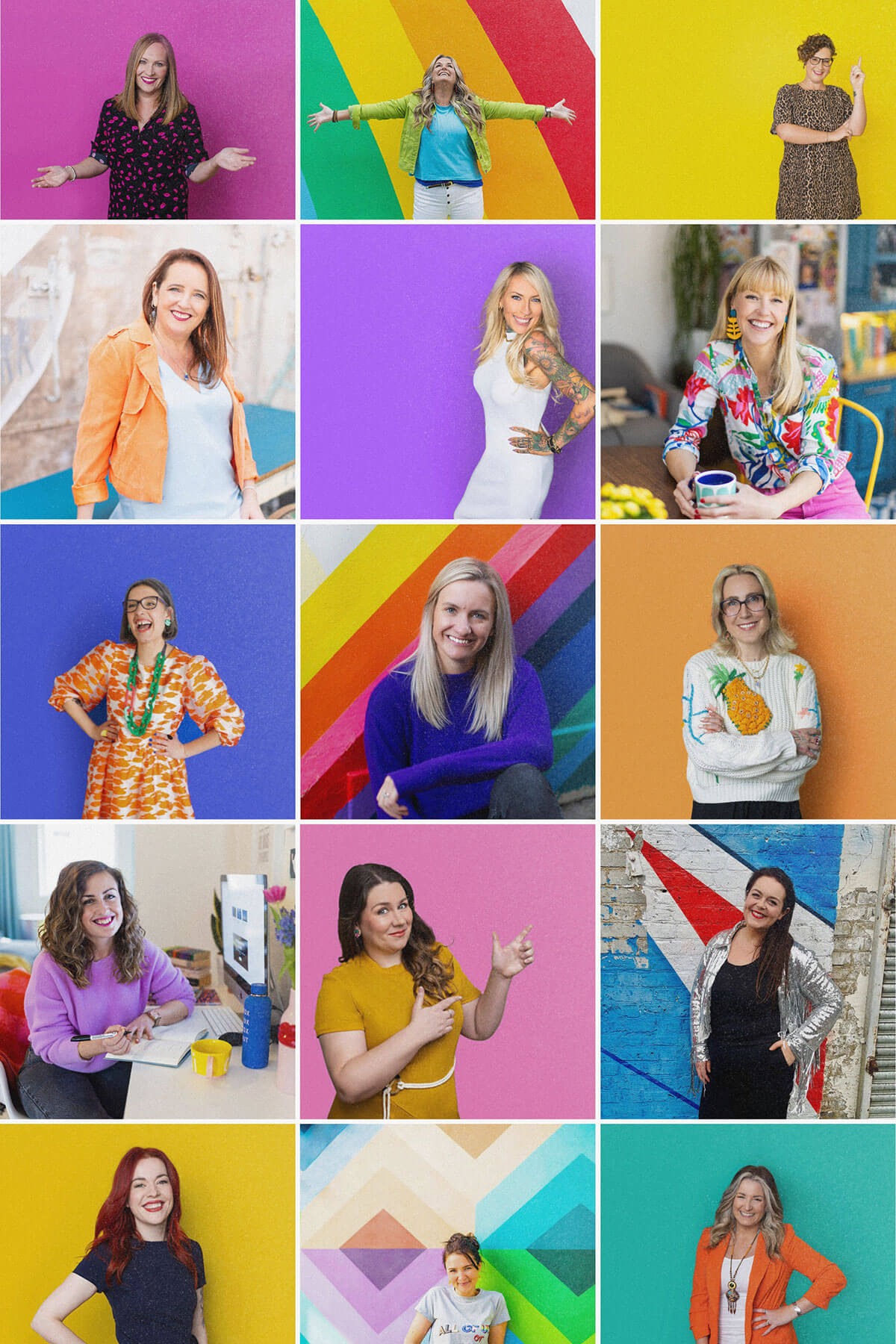 Grid of personal branding photos showing different women photographed in a consistent, colourful style, illustrating how a photographer’s visual approach stays recognisable across different clients