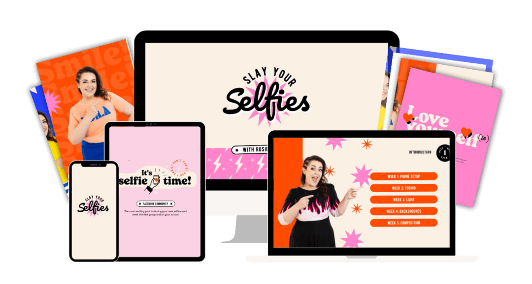 Mockup of the “Slay Your Selfies” online course displayed on various devices, including a phone, tablet, and two laptops, alongside printed course materials. The design features bright colors, bold text, and an image of the instructor teaching, visually promoting a course on taking confident, professional brand photos with your phone.